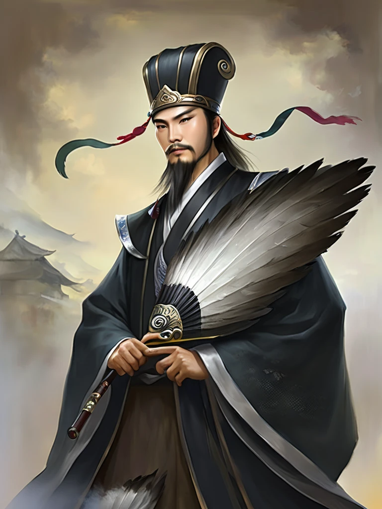 Write on canvas fabric with rough texture in the background, masterpiece, Man with a feather fan、 Black Hanfu, Fabric hat,  Full Shot, On the battlefield 