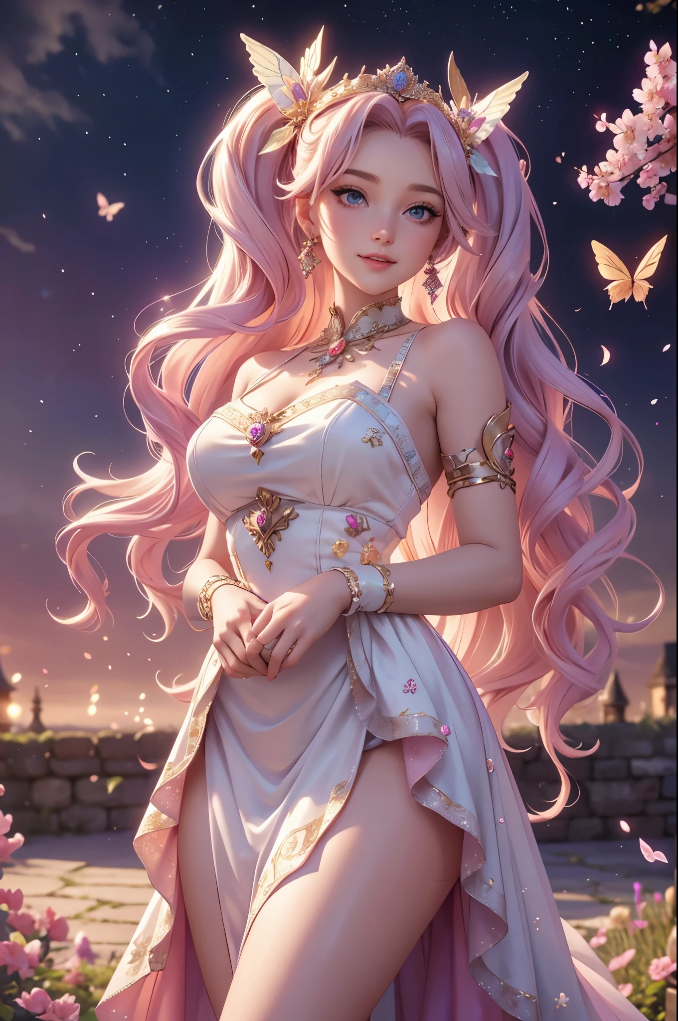 (best quality,4k,8k,highres,masterpiece:1.2),ultra detailed,(realistic,photorealistic,photo-realistic:1.37),acrylic painting,beautiful English godess in a Lolita dress with downy hair,beautiful English godess with extremely colorful hair and detailed facial features,beautiful English godess standing in a beautiful garden surrounded by a starry sky,beautiful English godess wearing a vibrant Lolita dress,beautiful English godess with intricate accessories and a matching hat,beautiful English godess posing gracefully with her hands on her hips,beautiful English godess with long flowing twintails,beautiful English godess with bright blue eyes and rosy lips,beautiful English godess with a joyful expression,beautiful English godess in a dynamic pose with cherry blossoms falling around her,beautiful English godess surrounded by colorful flowers and butterflies,beautiful English godess's dress adorned with cute bows and lace details,beautiful English godess with an enchanting smile,beautiful English godess with soft pastel color shading,beautiful English godess with a magical glow illuminating her,beautiful English godess in a picturesque setting with a winding path leading to a magnificent castle,beautiful English godess with a fairytale background,beautiful English godess with a soft dreamy atmosphere,beautiful English godess with a subtle bokeh effect,beautiful English godess standing under a moonlit sky,beautiful English godess with a warm golden sunset in the background,beautiful English godess surrounded by twinkling stars and colorful nebulae,creating an ethereal and captivating artistic masterpiece