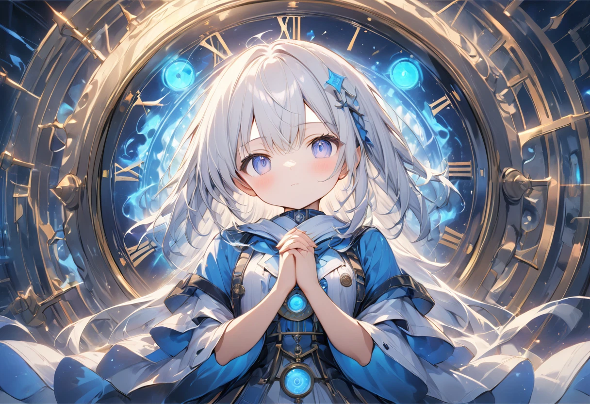 ( anime style:1.4), soft painterly touch 、超 High Resolution ,  Attention to Details, High image quality,  High Resolution , 最High image quality, 4K, 8k, blue luminous clock background 、White Hair Girl、cute, beautiful light effects surrounding the body,donmdj1nnm4g1cXL 、Put your hands together