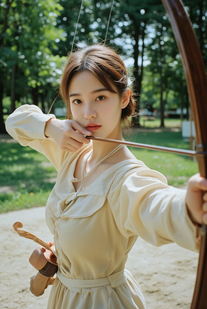 Film photo in a korean girl archer at an archery range. Her face is very pretty, innocent, and beautiful. She is holding an archery bow and aiming at the target. However, she is dress off and completely nude.