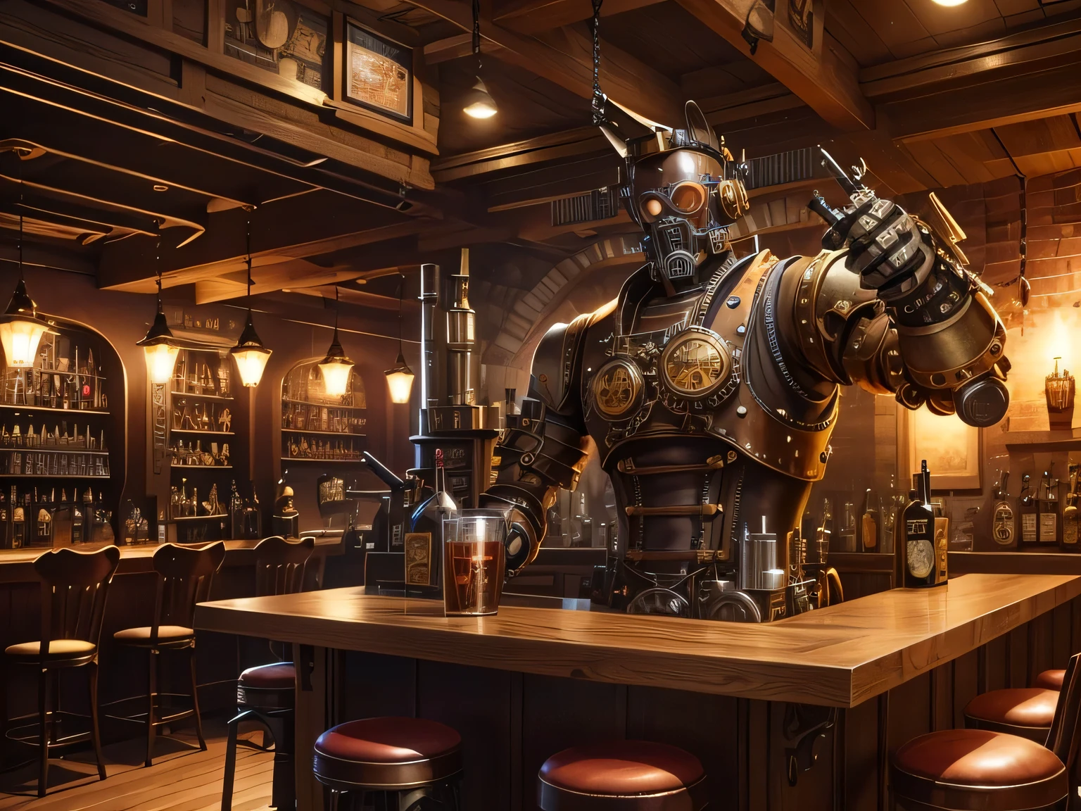 steampunk world, steampunk style bar, A bar with a steampunk counter, tin toy style robot bartender, anime, super detail, high details, award winning, best quality, highres