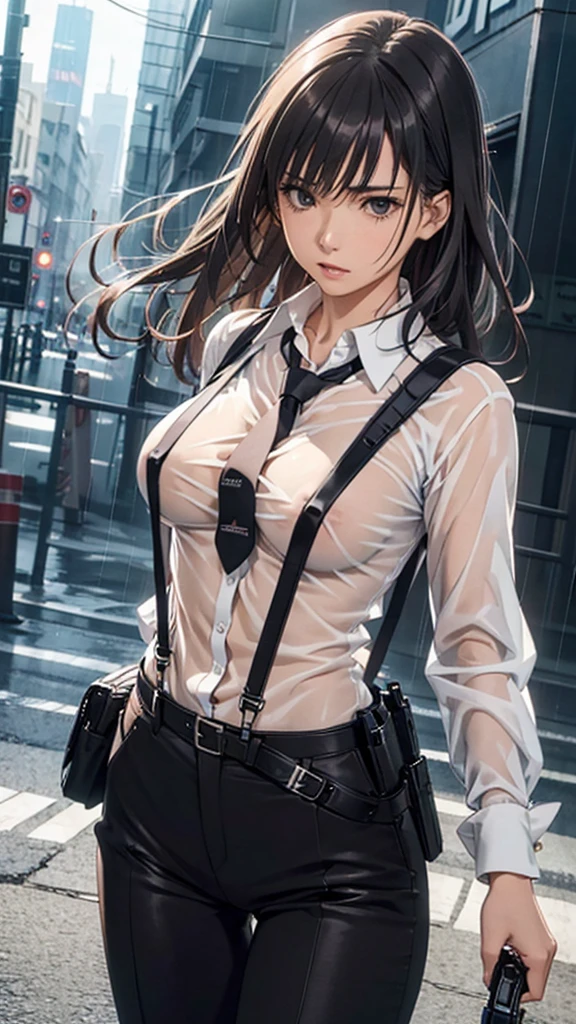 Woman in a suit, belt, Hands on back,  sweaty, suspenders,  black pants , Sexy, Large Breasts, see-through clothing, rain, Detective, Office Workers,  white button up shirt, (Best Quality,4K,8k, High Resolution ,masterpiece:1.2),Ultra-detailed,(Realistic,photoRealistic,photo-Realistic:1.37),Hyper Details,Highly detailed face and body, slender　thin　suspenders　Medium Breast　See-through shirt　Nipples　　Lock　pistol　Armament　Criminal　Female Criminal　knife　Japanese　 Profile　Japanese women　Arrest Handcuffs　belt rain　See-through　holster　 leg links　Armament　
