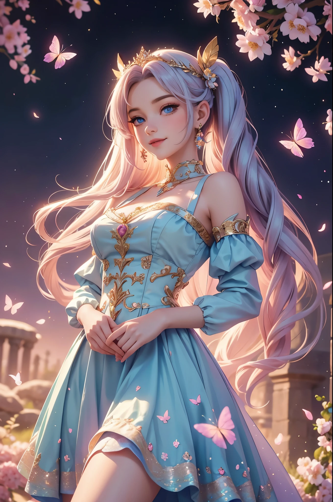 (best quality,4k,8k,highres,masterpiece:1.2),ultra detailed,(realistic,photorealistic,photo-realistic:1.37),acrylic painting,beautiful English godess in a Lolita dress with downy hair,beautiful English godess with extremely colorful hair and detailed facial features,beautiful English godess standing in a beautiful garden surrounded by a starry sky,beautiful English godess wearing a vibrant Lolita dress,beautiful English godess with intricate accessories and a matching hat,beautiful English godess posing gracefully with her hands on her hips,beautiful English godess with long flowing twintails,beautiful English godess with bright blue eyes and rosy lips,beautiful English godess with a joyful expression,beautiful English godess in a dynamic pose with cherry blossoms falling around her,beautiful English godess surrounded by colorful flowers and butterflies,beautiful English godess's dress adorned with cute bows and lace details,beautiful English godess with an enchanting smile,beautiful English godess with soft pastel color shading,beautiful English godess with a magical glow illuminating her,beautiful English godess in a picturesque setting with a winding path leading to a magnificent castle,beautiful English godess with a fairytale background,beautiful English godess with a soft dreamy atmosphere,beautiful English godess with a subtle bokeh effect,beautiful English godess standing under a moonlit sky,beautiful English godess with a warm golden sunset in the background,beautiful English godess surrounded by twinkling stars and colorful nebulae,creating an ethereal and captivating artistic masterpiece