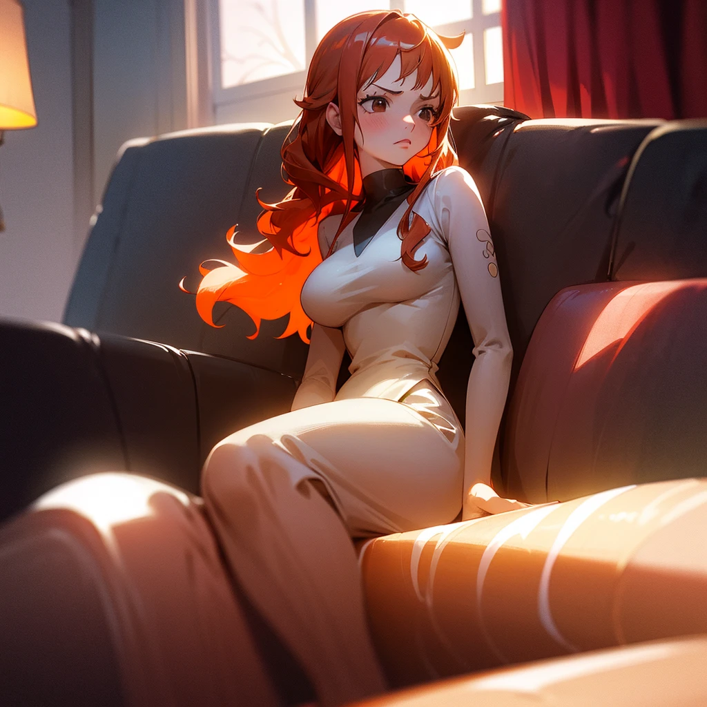 1 girl,  high resolution , long hair, Blush, Backlighting, Necessary, HD model, Red hair, orange hair, shiny hair, wavy hair, big breasts, brown eyes, brown eyes, Shame on the nose, open eyes, thinking, simple background, Vanishing point, brilliance, silhouette, Illustration, anime, ANIME STYLE, One piece, cozy, night, moonlight, alone, fringe, messy hair, fringe entre os olhos, sad, worried, sparkling pupils, tired, general plan, frown,  red lips , Fearful, lying down, lying down no sofá, sofa, Culpa, window, moonlight, alone, alone, alone, 