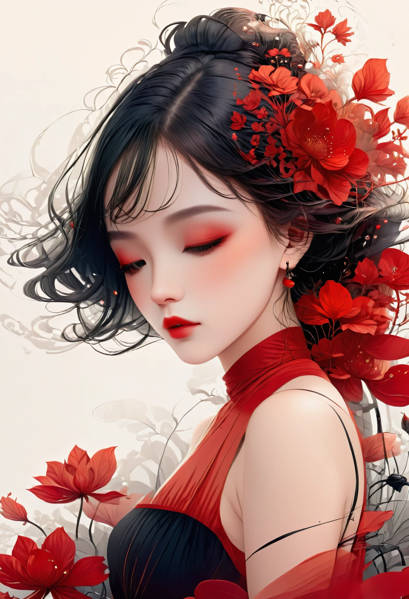 (masterpiece, Melhor qualidade:1.2), 1 girl, Alone,beautiful face,Red Minimalist Art Nouveau,illustration style,Black and red,flores