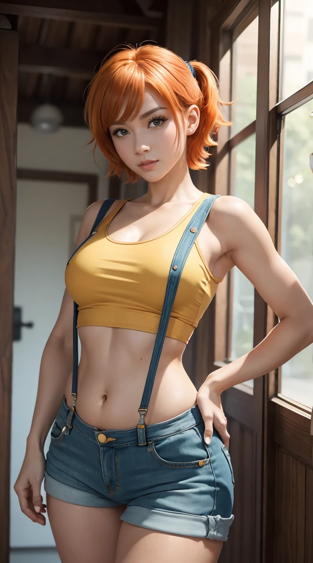 (3d anime woman with perfect anime eyes), (photo realistic:1.4), (Subsurface Scattering effect on skin:1.2), (bloom shader effect:1.2), (side shot, high angle shot), (long stylized thick legs:1), (natural breasts:1.1), (gorgeous thick hips:1.1), (tanned skin:1.3), (26 years old woman construction worker, seductive smile, seductive gaze), (orange straight short hair), ((wearing denim_overall, crop top)), (toolkit in the scene), accurate, UHD, retina, masterpiece, anatomically correct, textured skin, ultra high detail, ultra high quality, award winning piece of art, ultra high resolution, better_hands, better_legs, perfect_hands, perfect_hands, better_eyes, beautiful_anime_eyes.