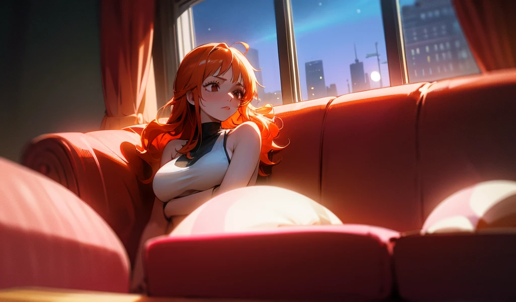 1 girl,  high resolution , long hair, Blush, Backlighting, Necessary, HD model, Red hair, orange hair, shiny hair, wavy hair, big breasts, brown eyes, brown eyes, Shame on the nose, open eyes, thinking, simple background, Vanishing point, brilliance, silhouette, Illustration, anime, ANIME STYLE, One piece, cozy, night, moonlight, alone, fringe, messy hair, fringe entre os olhos, sad, worried, sparkling pupils, tired, general plan, frown,  red lips , Fearful, lying down, lying down no sofá, sofa, Culpa, window, moonlight, alone, alone, alone, 