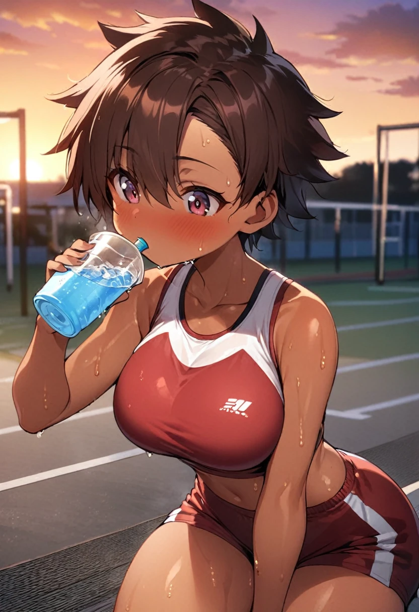 one girl, anime tomboy, tan skin, short brown hair, spiky hair, burgundy eyes, red sports bra, red track shorts, drinking water, sweaty, large breasts, thick thighs, school gym background, sunset