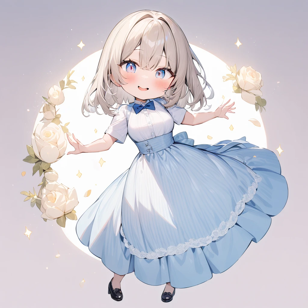 (quality, 4K,  High Resolution , masterpiece), (( Perfect Anatomy)), Cute Woman , tchibi,  light brown hair, Beige Hair, Long white hair, Gradient Eye ,((👄)), smile, BREAK BREAK BREAK, pastel lace trim wainwright dress, Crystallization of clothes,  Striped Cloth , Colorful clothing,  gradient background , Floating Dots of Light , (( Princess in a Luxurious Rococo Dress ， Beautifully Embroidered and Bejeweled ,  Voluminous Ruffle Long Skirt )), ((petticoat)), (Small underbust), (Shine of light)