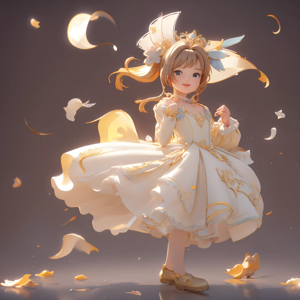 (quality, 4K,  High Resolution , masterpiece), (( Perfect Anatomy)), Cute Woman , tchibi,  light brown hair, Beige Hair, Long white hair, Gradient Eye ,((👄)), smile, BREAK BREAK BREAK, pastel lace trim wainwright dress, Crystallization of clothes,  Striped Cloth , Colorful clothing,  gradient background , Floating Dots of Light , (( Princess in a Luxurious Rococo Dress ， Beautifully Embroidered and Bejeweled ,  Voluminous Ruffle Long Skirt )), ((petticoat)), (Small underbust), (Shine of light)