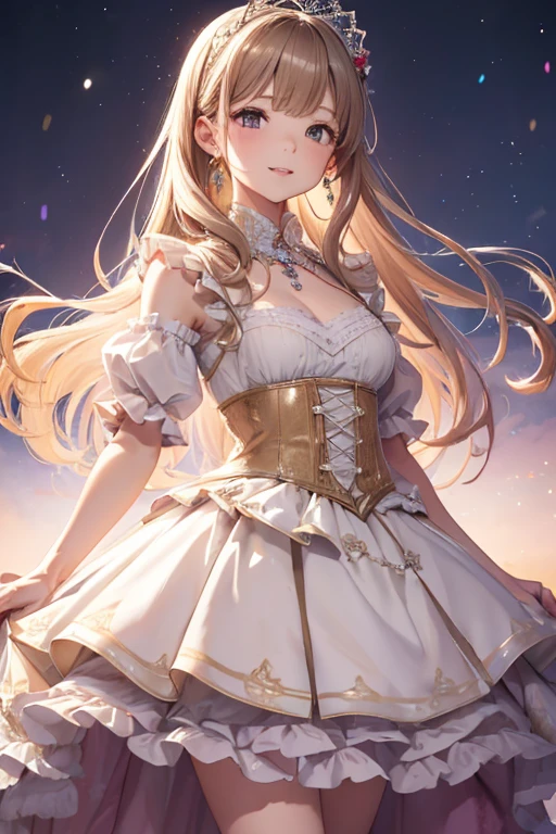 (quality, 4K,  High Resolution , masterpiece), (( Perfect Anatomy)), Cute Woman , tchibi,  light brown hair, Beige Hair, Long white hair, Gradient Eye ,((👄)), smile, BREAK BREAK BREAK, pastel lace trim wainwright dress, Crystallization of clothes,  Striped Cloth , Colorful clothing,  gradient background , Floating Dots of Light , (( Princess in a Luxurious Rococo Dress ， Beautifully Embroidered and Bejeweled ,  Voluminous Ruffle Long Skirt )), ((petticoat)), (Small underbust), (Shine of light)