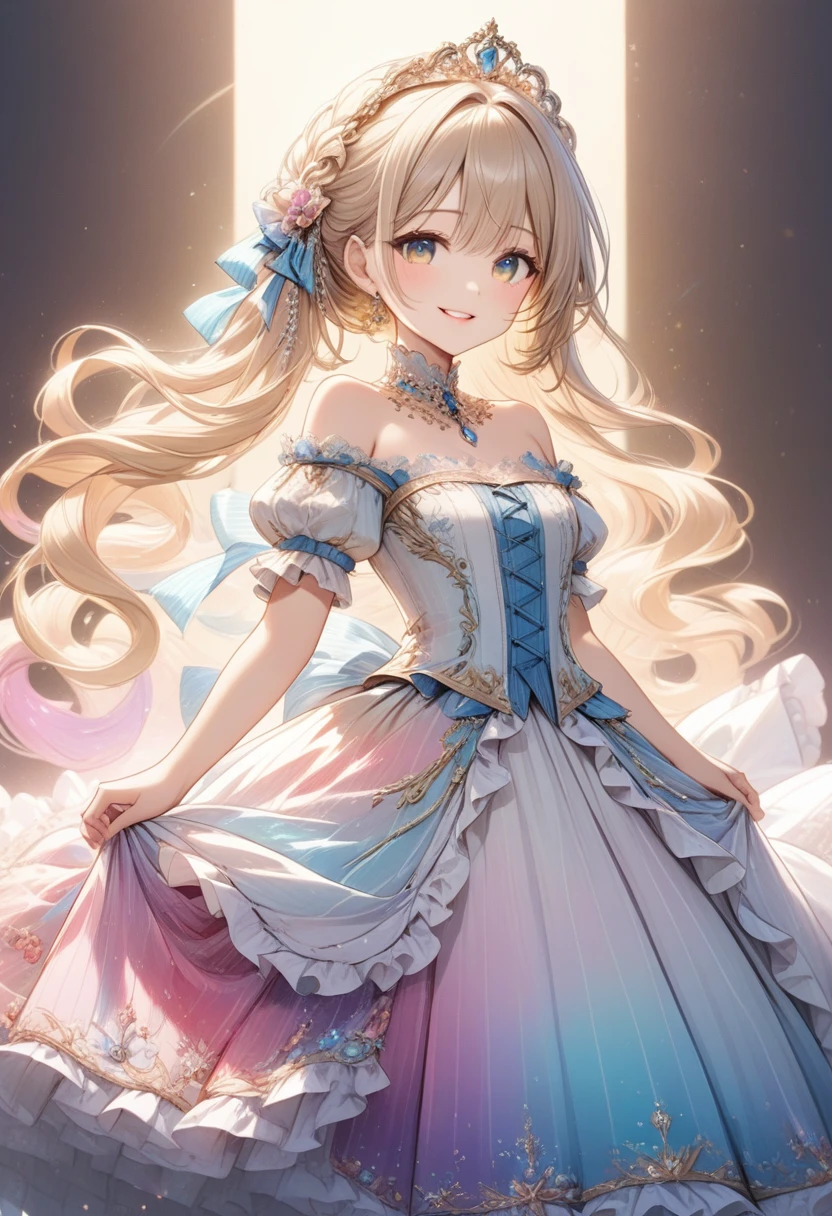 (quality, 4K,  High Resolution , masterpiece), (( Perfect Anatomy)), Cute Woman , tchibi,  light brown hair, Beige Hair, Long white hair, Gradient Eye ,((👄)), smile, BREAK BREAK BREAK, pastel lace trim wainwright dress, Crystallization of clothes,  Striped Cloth , Colorful clothing,  gradient background , Floating Dots of Light , (( Princess in a Luxurious Rococo Dress ， Beautifully Embroidered and Bejeweled ,  Voluminous Ruffle Long Skirt )), ((petticoat)), (Small underbust), (Shine of light)