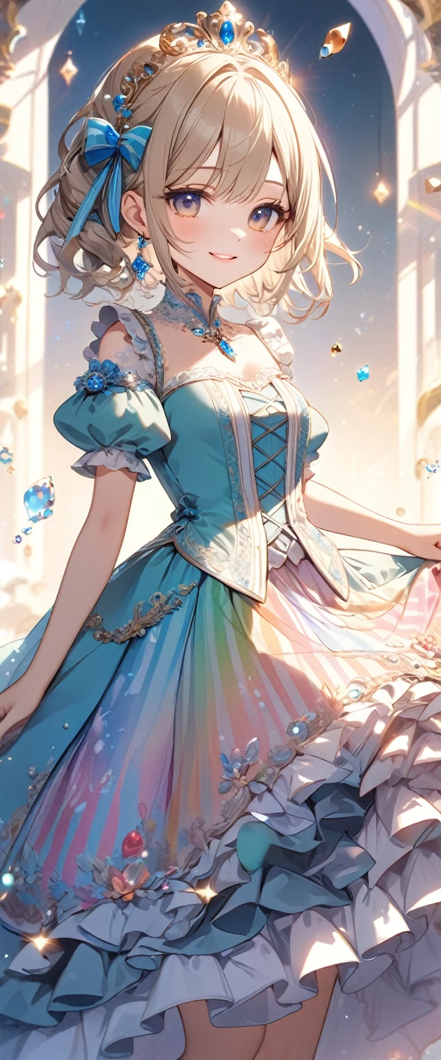 (quality, 4K,  High Resolution , masterpiece), (( Perfect Anatomy)), Cute Woman , tchibi,  light brown hair, Beige Hair, Long white hair, Gradient Eye ,((👄)), smile, BREAK BREAK BREAK, pastel lace trim wainwright dress, Crystallization of clothes,  Striped Cloth , Colorful clothing,  gradient background , Floating Dots of Light , (( Princess in a Luxurious Rococo Dress ， Beautifully Embroidered and Bejeweled ,  Voluminous Ruffle Long Skirt )), ((petticoat)), (Small underbust), (Shine of light)