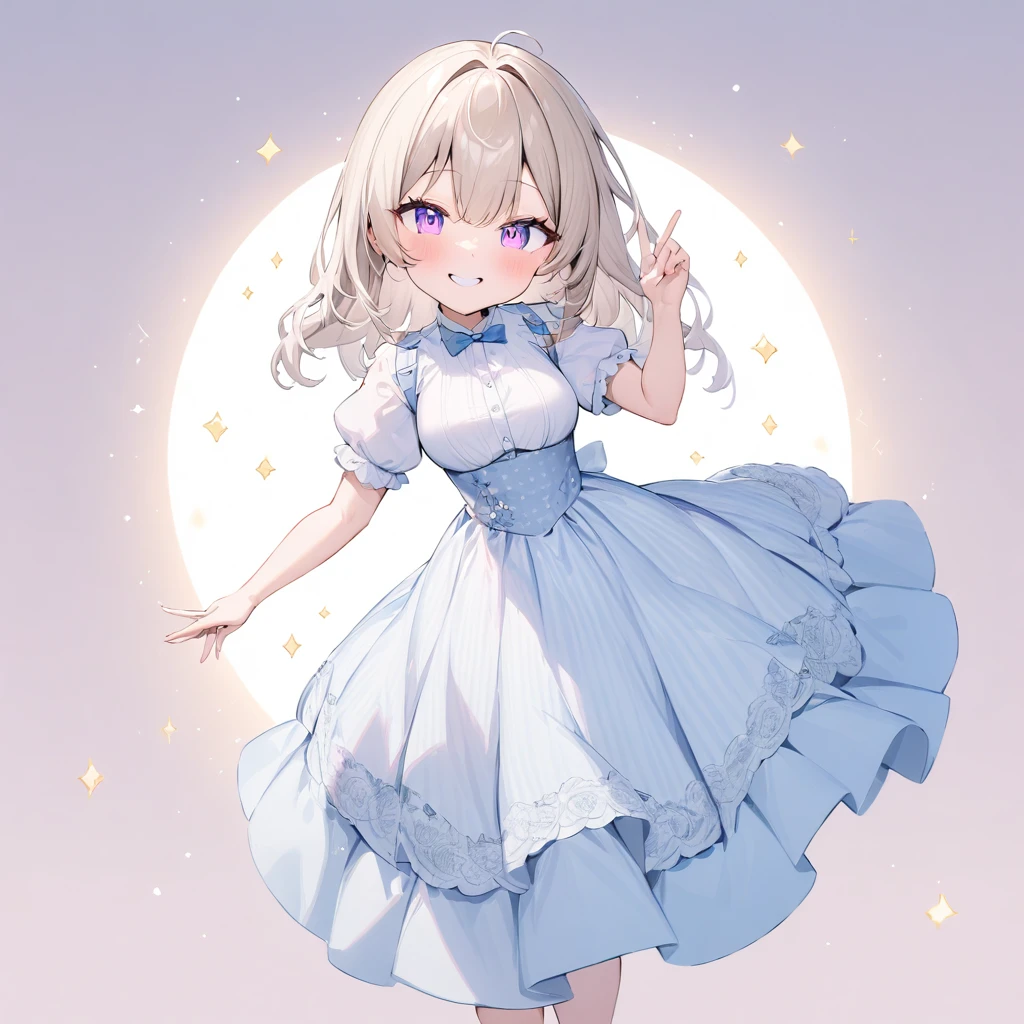 (quality, 4K,  High Resolution , masterpiece), (( Perfect Anatomy)), Cute Woman , tchibi,  light brown hair, Beige Hair, Long white hair, Gradient Eye ,((👄)), smile, BREAK BREAK BREAK, pastel lace trim wainwright dress, Crystallization of clothes,  Striped Cloth , Colorful clothing,  gradient background , Floating Dots of Light , (( Princess in a Luxurious Rococo Dress ， Beautifully Embroidered and Bejeweled ,  Voluminous Ruffle Long Skirt )), ((petticoat)), (Small underbust), (Shine of light)