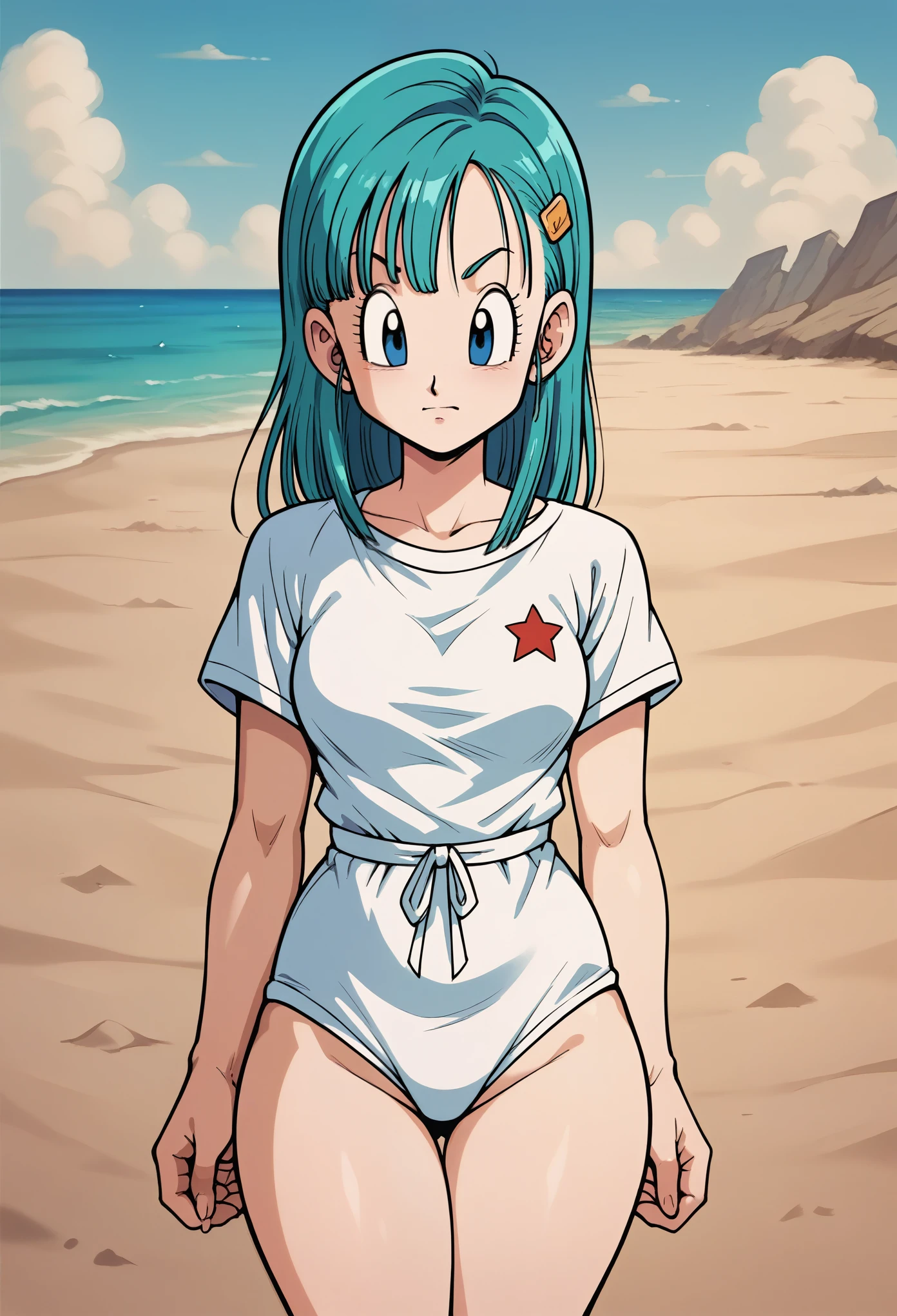  score_9,  score_8_up,  score_7_up, break,  score_9, Bloomers \( Dragon Ball\), Aqua Hair, blue eyes, bangs, clavicle,, eyelash,  straight hair, swimsuit、Beach ,  viewers,  cowboy shot that makes me dream violently, Beach