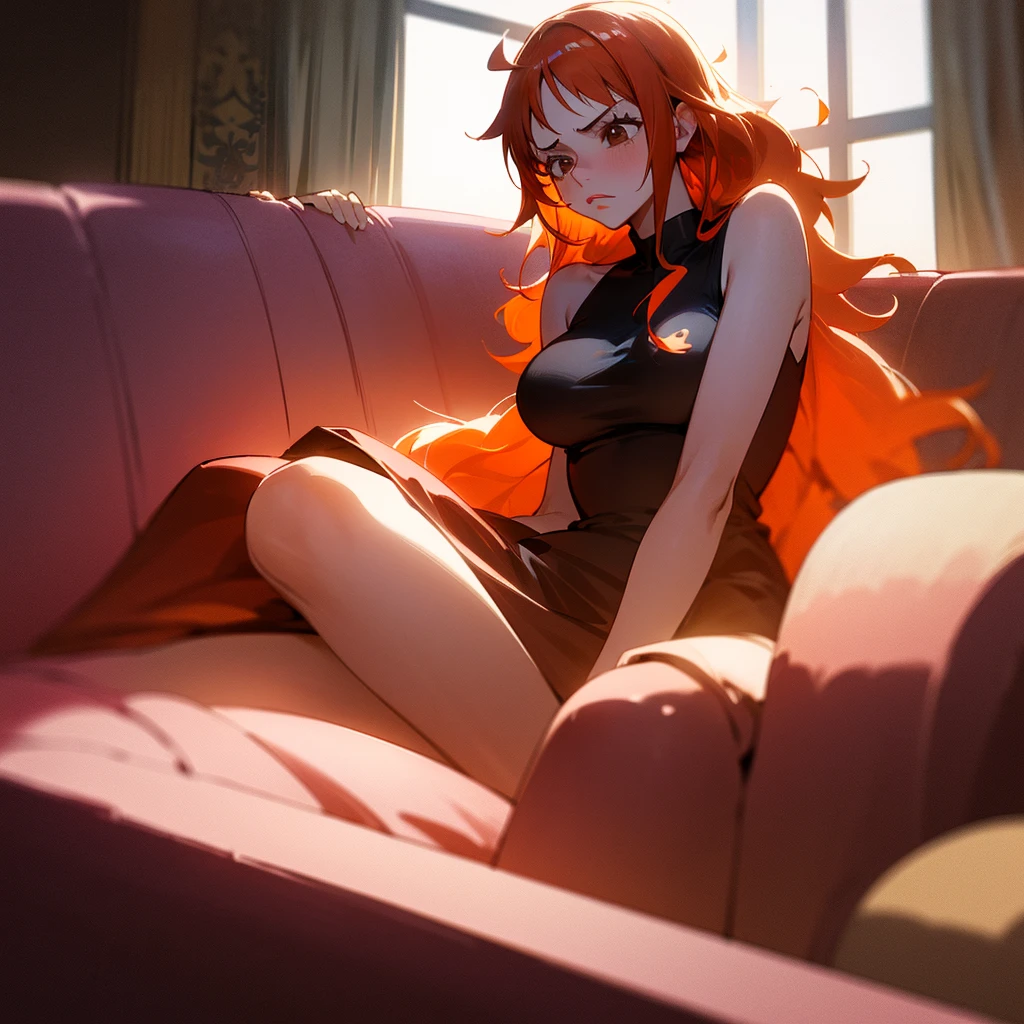 1 girl,  high resolution , long hair, Blush, Backlighting, Necessary, HD model, Red hair, orange hair, shiny hair, wavy hair, big breasts, brown eyes, brown eyes, Shame on the nose, open eyes, thinking, simple background, Vanishing point, brilliance, silhouette, Illustration, anime, ANIME STYLE, One piece, cozy, night, moonlight, alone, fringe, messy hair, fringe entre os olhos, sad, worried, sparkling pupils, tired, general plan, frown,  red lips , Fearful, lying down, lying down no sofá, sofa, Culpa, window, moonlight, dress, alone, alone, alone, 