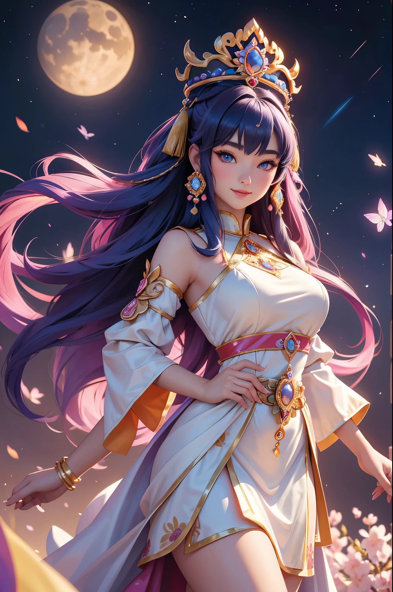 (best quality,4k,8k,highres,masterpiece:1.2),ultra detailed,(realistic,photorealistic,photo-realistic:1.37),acrylic painting,beautiful Mongolian godess in a Lolita dress with downy hair,beautiful Mongolian godess with extremely colorful hair and detailed facial features,beautiful Mongolian godess standing in a beautiful garden surrounded by a starry sky,beautiful Mongolian godess wearing a vibrant Lolita dress,beautiful Mongolian godess with intricate accessories and a matching hat,beautiful Mongolian godess posing gracefully with her hands on her hips,beautiful Mongolian godess with long flowing twintails,beautiful Mongolian godess with bright blue eyes and rosy lips,beautiful Mongolian godess with a joyful expression,beautiful Mongolian godess in a dynamic pose with cherry blossoms falling around her,beautiful Mongolian godess surrounded by colorful flowers and butterflies,beautiful Mongolian godess's dress adorned with cute bows and lace details,beautiful Mongolian godess with an enchanting smile,beautiful Mongolian godess with soft pastel color shading,beautiful Mongolian godess with a magical glow illuminating her,beautiful Mongolian godess in a picturesque setting with a winding path leading to a magnificent castle,beautiful Mongolian godess with a fairytale background,beautiful Mongolian godess with a soft dreamy atmosphere,beautiful Mongolian godess with a subtle bokeh effect,beautiful Mongolian godess standing under a moonlit sky,beautiful Mongolian godess with a warm golden sunset in the background,beautiful Mongolian godess surrounded by twinkling stars and colorful nebulae,creating an ethereal and captivating artistic masterpiece