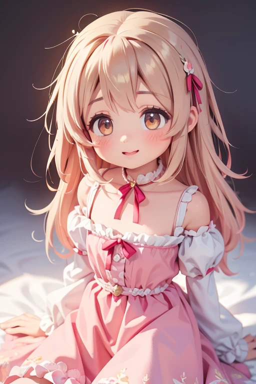 (quality, 4K,  High Resolution , masterpiece), (( Perfect Anatomy)), Cute Woman , tchibi,  light brown hair, Beige Hair, Long white hair, Gradient Eye ,((👄)), smile, BREAK BREAK BREAK, pastel lace trim wainwright dress, Crystallization of clothes,  Striped Cloth , Colorful clothing,  gradient background , Floating Dots of Light , (( Princess in a Luxurious Rococo Dress ， Beautifully Embroidered and Bejeweled ,  Voluminous Ruffle Long Skirt )), ((petticoat)), (Small underbust), (Shine of light)