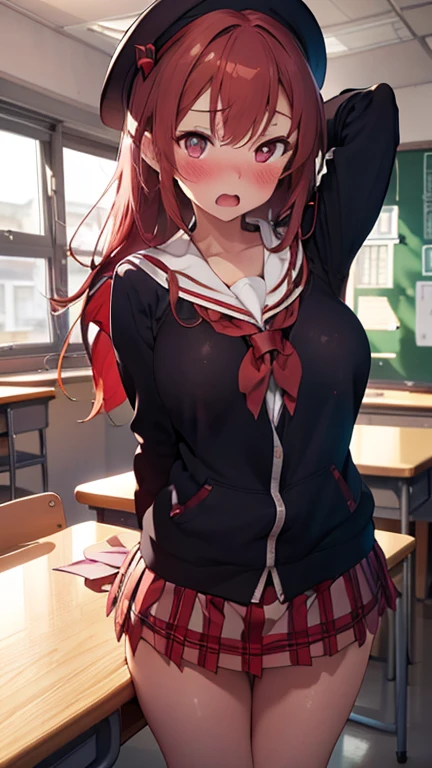 absurderes:1.8, ((From the thigh up:1.5, beautiful clear eyes)), ((school uniform、skirt lift:1.5, showing panties:1.4, hime cut))、(1woman), Unity 8K Wallpaper, Masterpiece, detailed hair, highly detailed, (orange hair, whitepanties:1.4, school), (Loathing:1.4), (blush:1.3)
