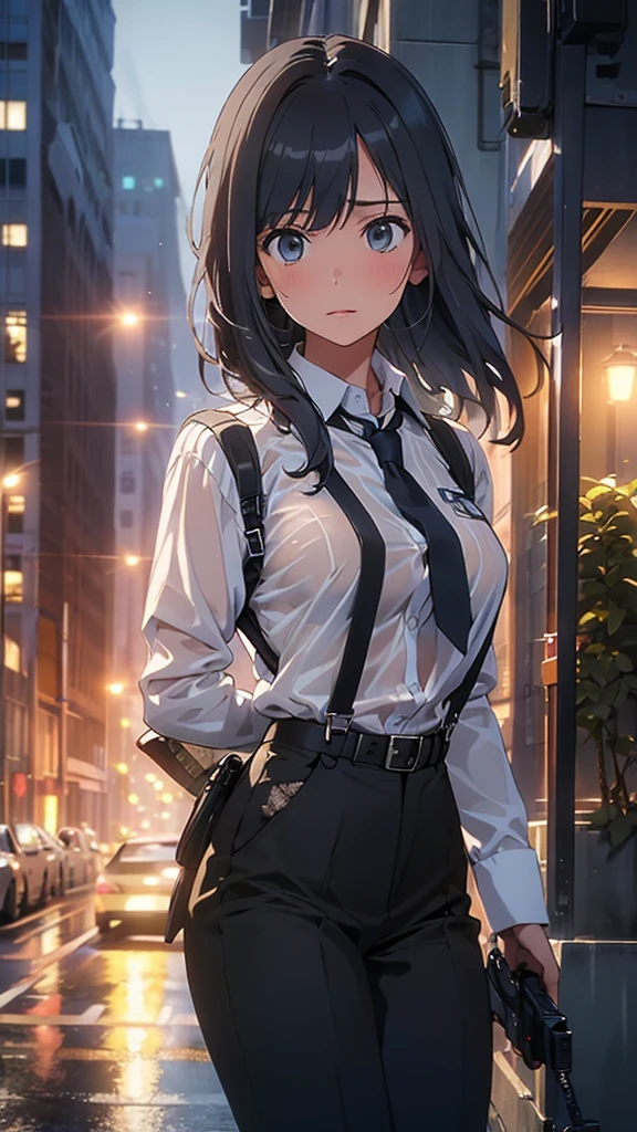 Woman in a suit, belt, Hands on back,  sweaty, suspenders,  black pants , Large Breasts, see-through clothing, rain, Detective, Office Workers,  white button up shirt, (Best Quality,4K,8k, High Resolution ,masterpiece:1.2),Ultra-detailed,(Realistic,photoRealistic,photo-Realistic:1.37),Hyper Details,High definition face and body, slender　thin　suspenders　Medium Breast　See-through shirt　Nipples　　Lock　pistol　Armament　Criminal　Female Criminal　knife 　 Hands on back　Constraints 程よい胸 黒いマスク
