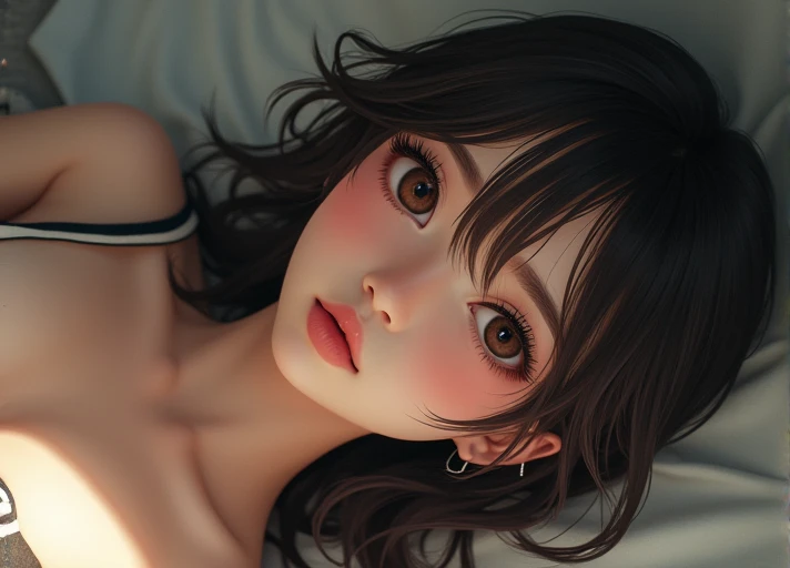 a woman bending forward, cleavage, 2d anime style, beautiful detailed eyes, beautiful detailed lips, extremely detailed face and portrait, long eyelashes, delicate facial features, intricate details, vibrant colors, dynamic lighting, highly detailed, 8k, masterpiece, photorealistic, digital painting