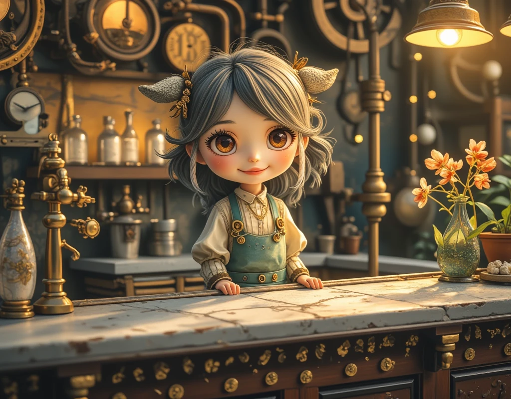 Steampunk World ,  Steampunk Style Bar  ,   Bar with Steampunk Counter ,   pewter toy style bartender , Fujiko Fujio Style ,  Japanese cartoon , High Detail,  super detailed, High quality,  are of the best quality, masterpiece