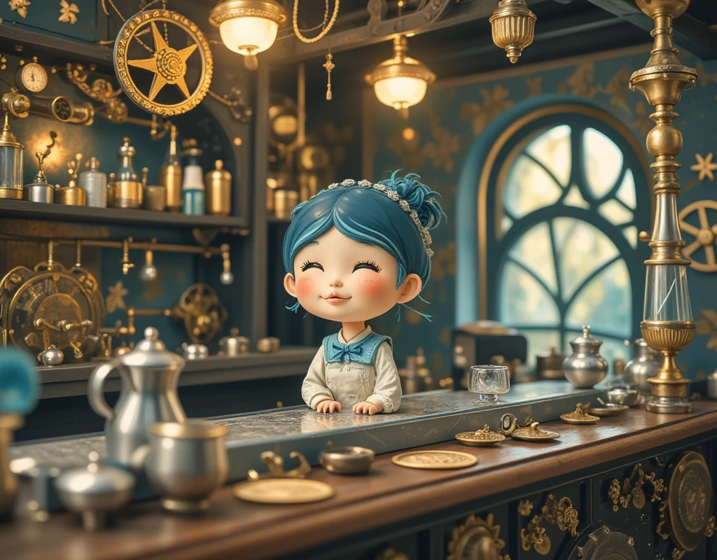 Steampunk World ,  Steampunk Style Bar  ,   Bar with Steampunk Counter ,   pewter toy style bartender , Fujiko Fujio Style ,  Japanese cartoon , High Detail,  super detailed, High quality,  are of the best quality, masterpiece