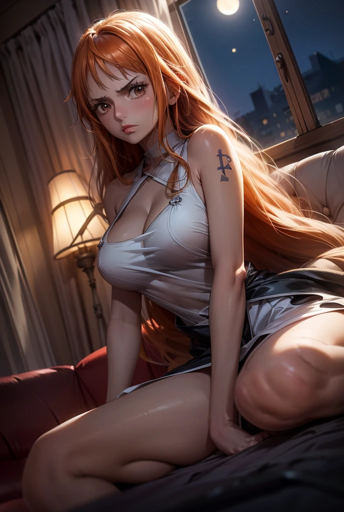 1 girl,  high resolution , long hair, Blush, Backlighting, Necessary, HD model, Red hair, orange hair, shiny hair, wavy hair, breasts, brown eyes, brown eyes, Shame on the nose, open eyes, thinking, simple background, Vanishing point, brilliance, silhouette, Illustration, anime, ANIME STYLE, One piece, cozy, night, moonlight, alone, fringe, messy hair, fringe entre os olhos, sad, worried, sparkling pupils, tired, general plan, frown,  red lips , Fearful, lying down, lying down no sofá, sofa, Culpa, window, moonlight, dress, alone, alone, alone, 