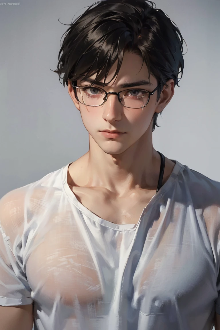 (masterpiece,best quality,ultra_detailed,highres,absurdres),1 mature male, 30-ish, (wide shoulder), ((no chest hair)), male focus, solo, short black Quiff hair with Soft Fringe (bangs part on side 3:7 ratio), simple background, blue eyes, upper body, short hair, looking at viewer, parted lips, round eyewear, wet hair, open black shirt, long sleeves, showing a bit of muscles, bedroom background.