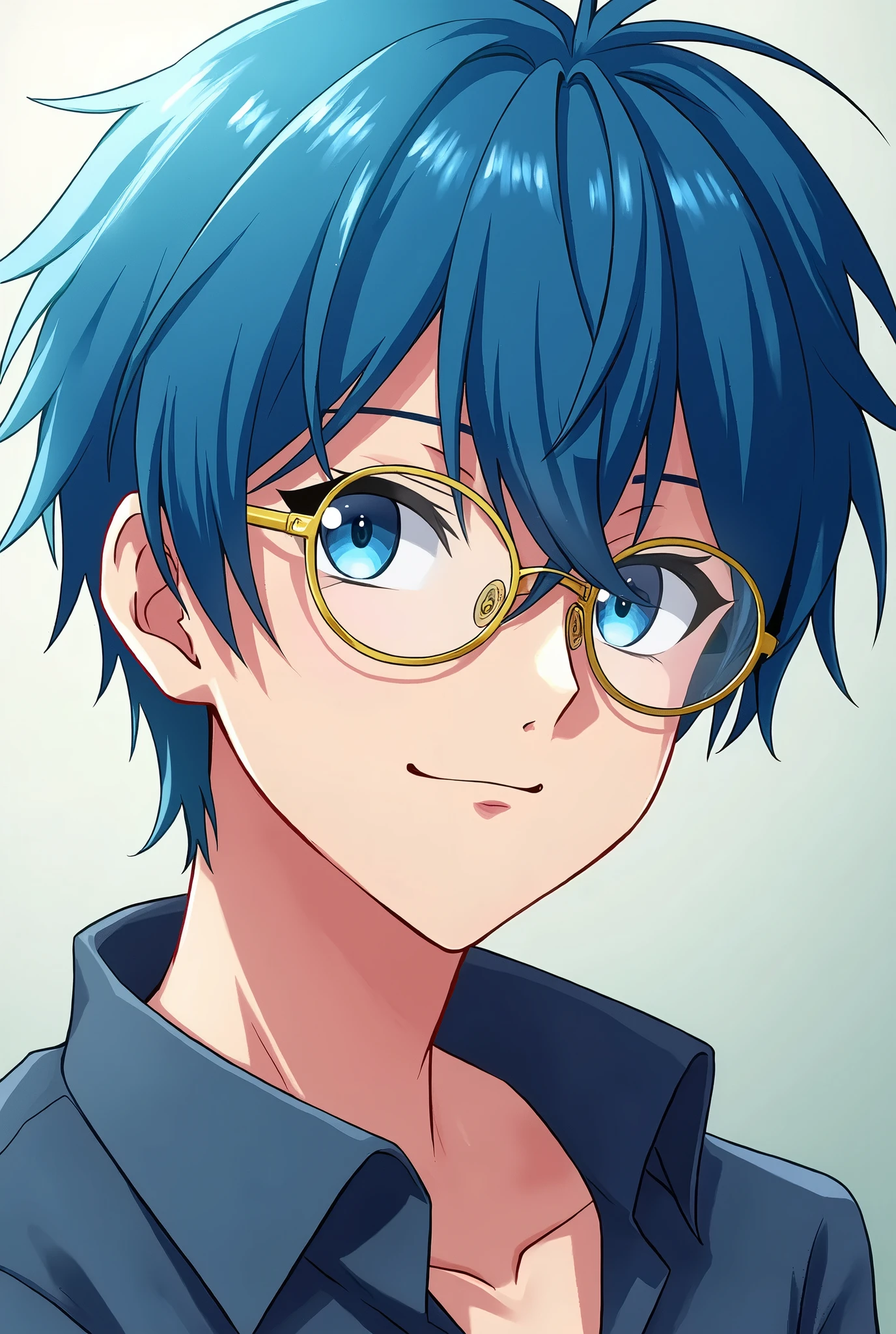 a anime boy character with blue eyes, blue hair blue coat with glasses and have cigarette on his mouth