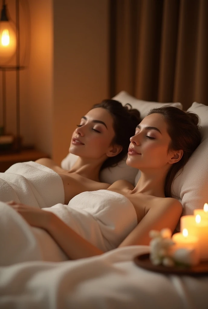 "Create a serene image of a woman peacefully sleeping in her cozy bedroom. She is lying on a comfortable bed with soft, fluffy pillows and a warm blanket. The window beside her bed reveals a gentle rain shower outside, with raindrops tapping against the glass. The room is dimly lit by the soft, ambient glow of a bedside lamp, casting a warm, soothing light. The atmosphere exudes tranquility and comfort, capturing the essence of a peaceful rainy night. The woman's face is calm and relaxed, embodying the serenity of sleep."