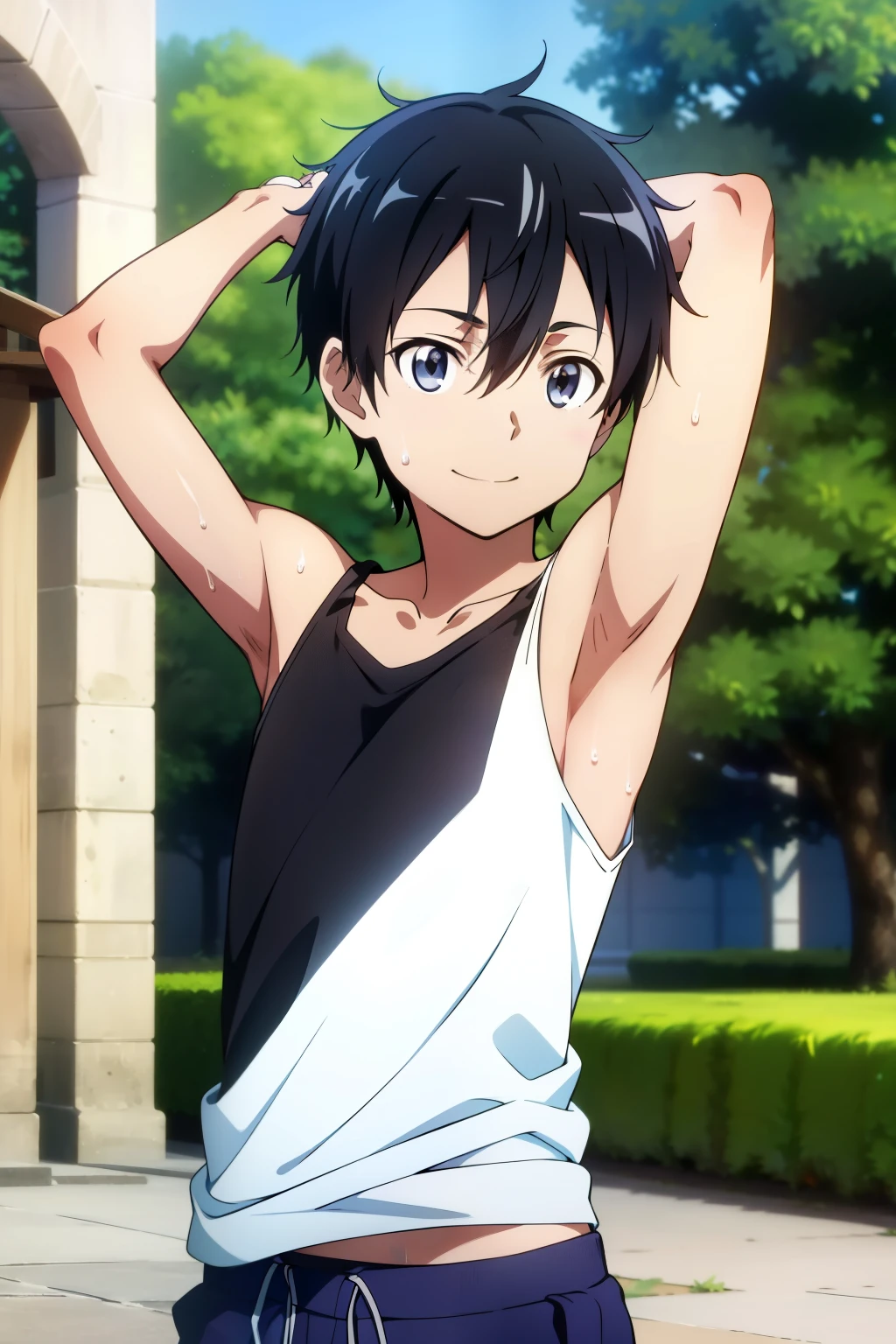 Highres, Masterpiece, Best quality at best,Best Quality,hight quality, hight detailed, Anime style, 1boy, Shota, young boy, kirito, black hair, black eyes, hair between eyes, solo, 1boy, smile, school, Tank top, bare shoulder, upper body, (Showing armpit:1.3), (very young boy), (very small and short body), smile, Blurry beckground, cute boy, Uhd, bokeh, sweat