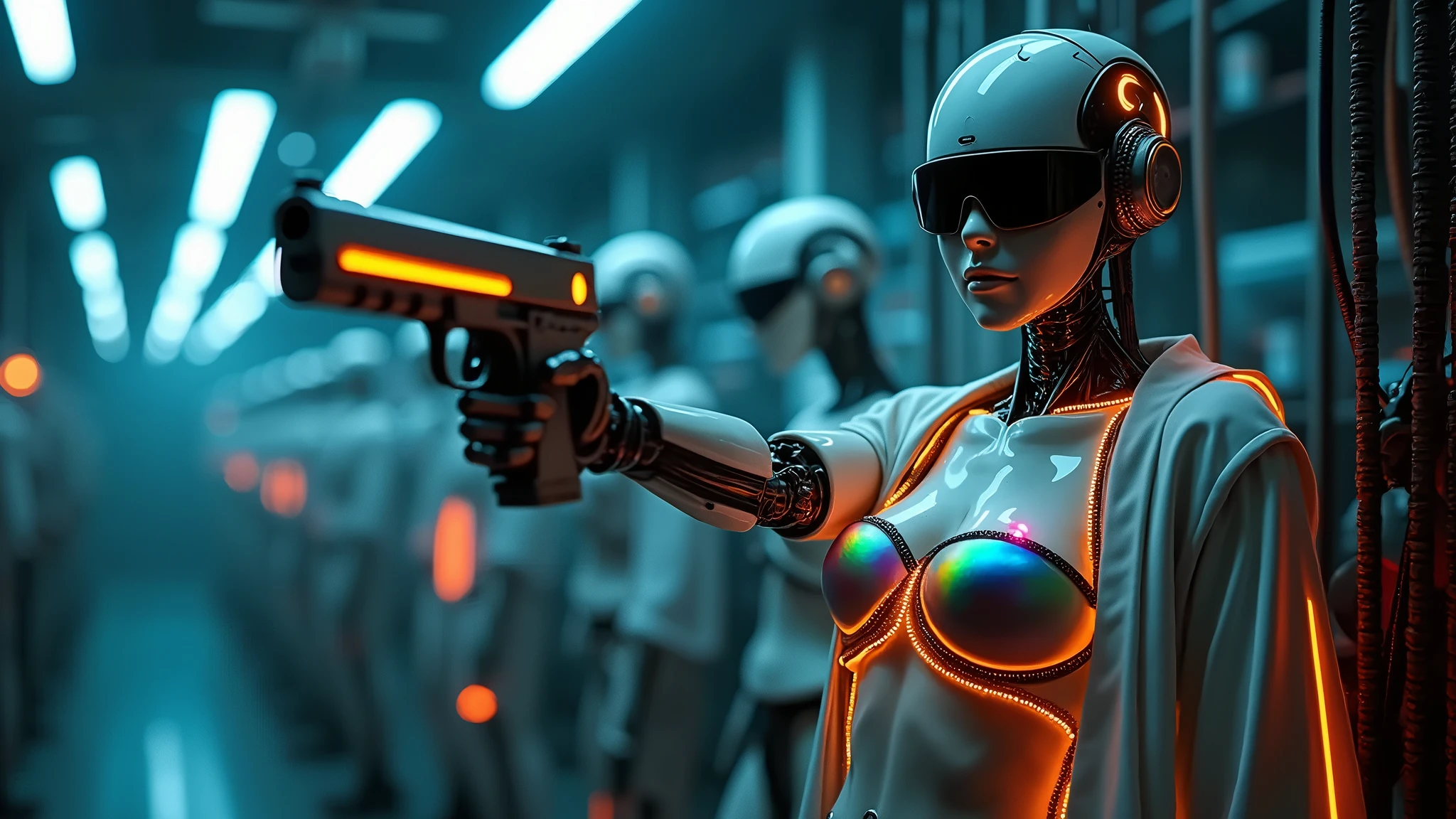 a woman (Florence Faivre) holding a gun in front of a male android, cyberpunk art by Adam Rex, cgsociety, retrofuturism, reimagined by light and industrial magic, futuristic, science fiction