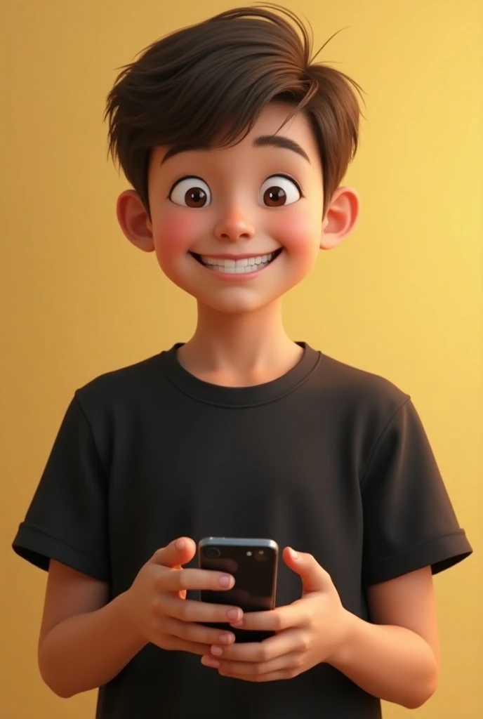 A boy using his cell phone to measure his progress in his dance classes, He seems happy because he has made a lot of progress.