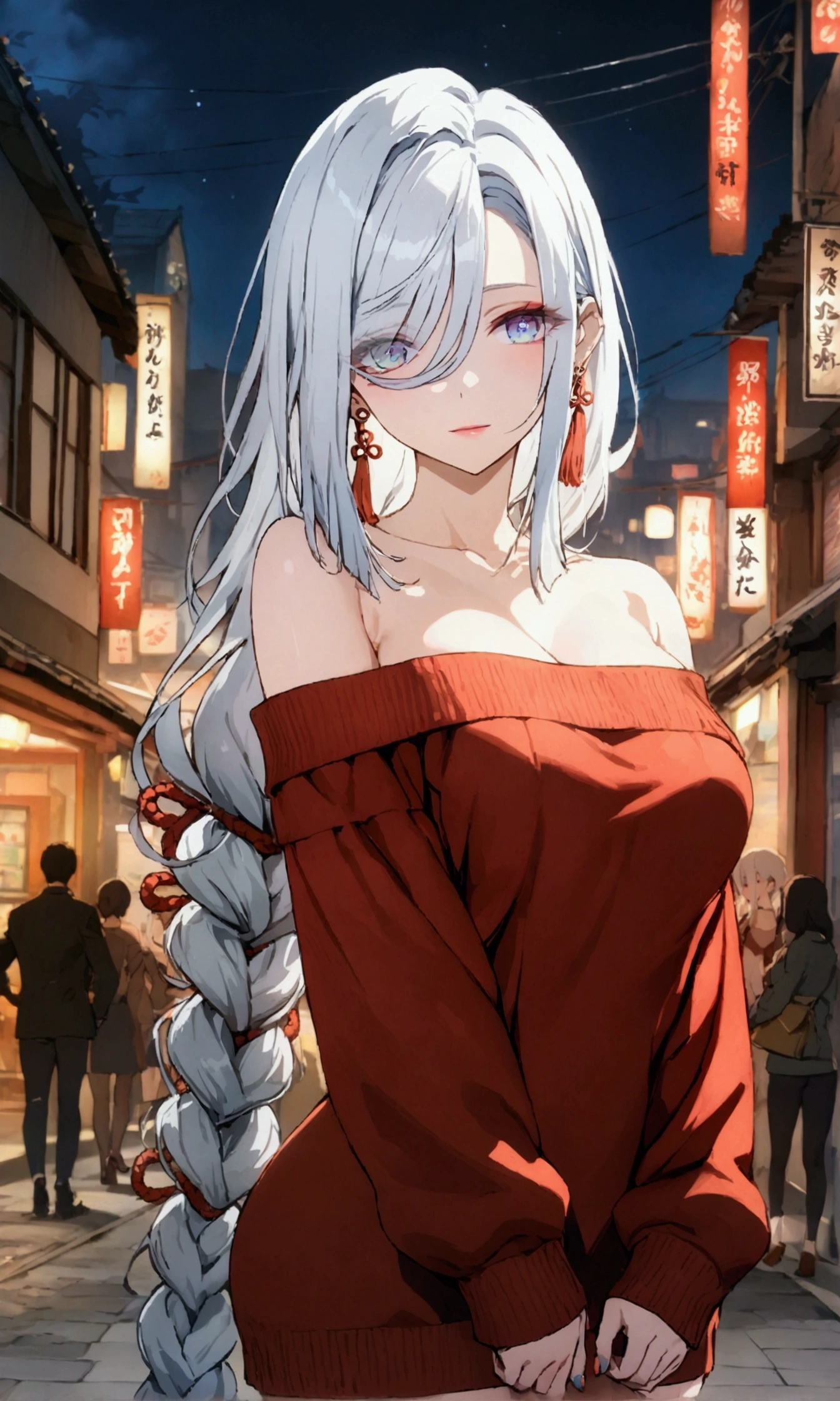 1 women, BREAK bare shoulders, collarbone, dress, long sleeves, off shoulder, off-shoulder dress, off-shoulder sweater, pantyhose, red sweater, sweater, sweater dress, thighs, long legs, big , skinny legs, anime cover, full body, shenhe, blue eyes, braided ponytail, earrings, eyelashes, eyeliner, eyes visible through hair, eyeshadow, hair between eyes, makeup, red eyeshadow, sidelocks, single earring, symbol-shaped pupils, tassel, tassel earrings, white hair, long hair, night , street, best quality, masterpiece), 1women ,4k, 8k, uhd, hdr, detailed background,mature female