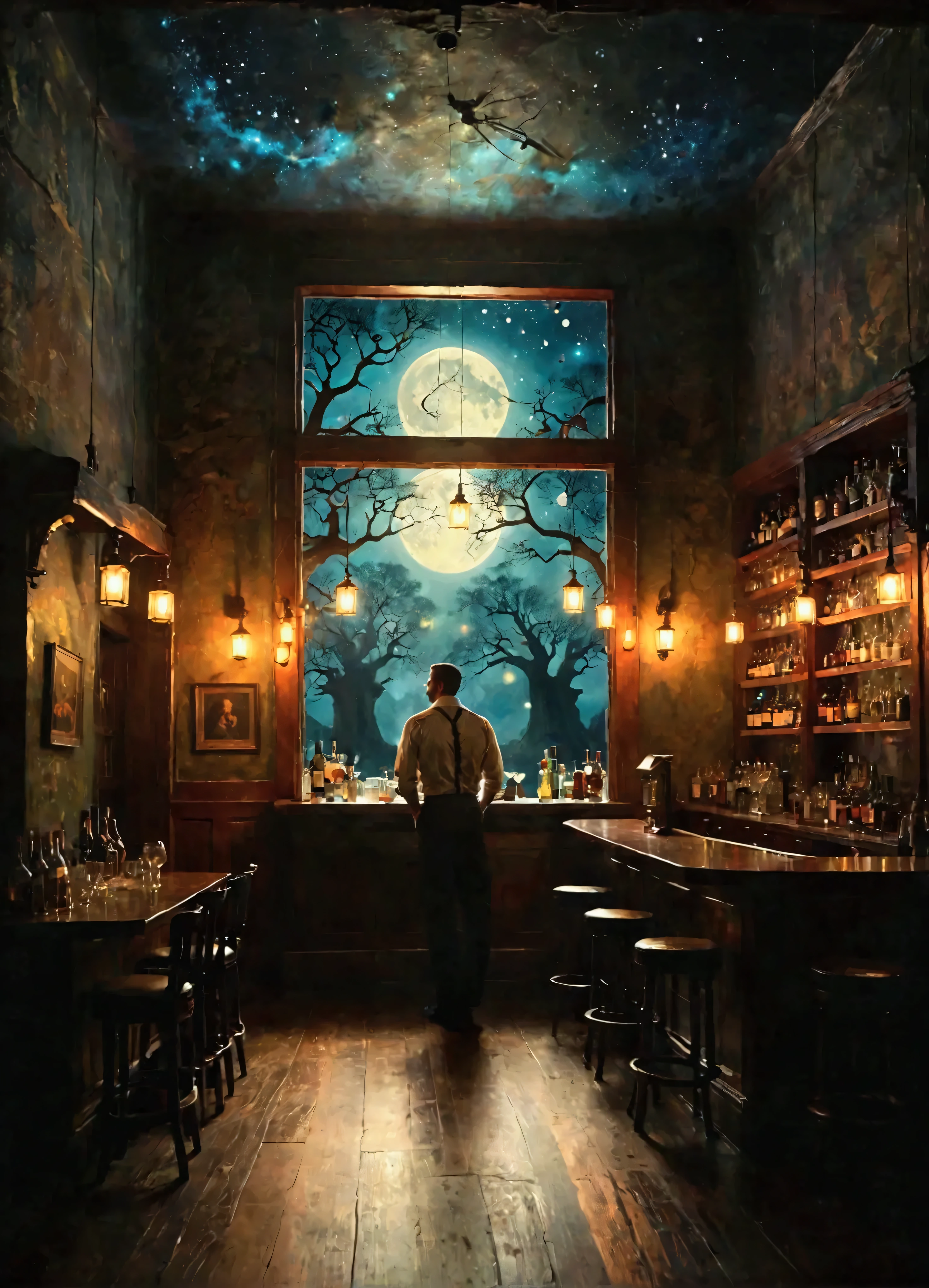 Imagine a scene that could be recounted in a bard's tale, rich in imagery and lyrical beauty, depicting a bartender in a stylish bar setting. The bartender is a central figure, described with poetic grace and vivid detail—perhaps the cut of their clothes reflecting the elegancy of a bygone era, their movements like a practiced dance as they craft drinks with elegance and flair. The background is a cozy, inviting bar filled with the glistening of glassware, the warm glow of low-hanging lights casting gentle shadows, and notes of quiet conversation. Shelves lined with curiosities and an array of spirits hint at untold stories, while the patrons gather around, their faces softly blurred as though caught in a midsummer night's dream. Soft music seems to hang in the air, adding an additional layer of enchantment, while outside a gentle moonlight can be seen filtering through large windows, adding an air of mystery and romanticism to the scene.