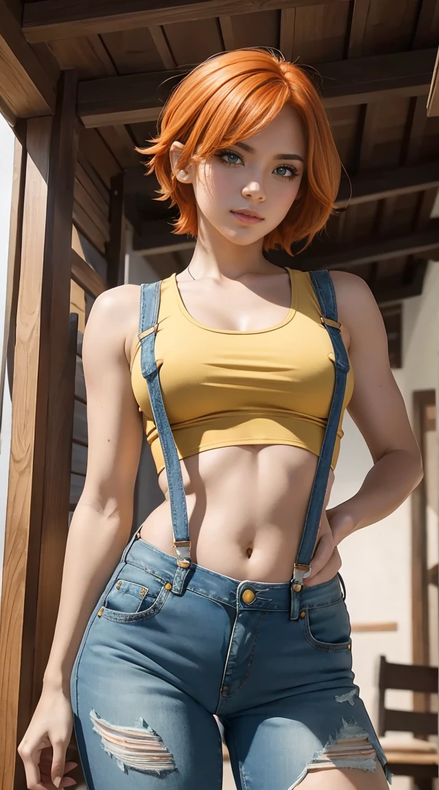 sfw, Prison School, Hana Midorikawa realistic version, wearing a provocative outfit, open prison jumpsuit, sweaty punctuated medium breasts, sweaty face, yellow iris eyes, short schoolgirl pants flying, sensuality and elegance, pose for photo, prison outfit, striped blouse in prison, super realistic and detailed, prison saddle, short straight orange hair with short straight bangs, kinky smile, kinky look, Full HD, best quality, a masterpiece, professional lighting, realistic style, wearing bra,((skinny waist)), young asian girl, ((big boobs)),