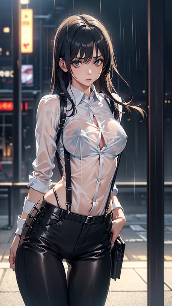 Woman in a suit, belt, Hands on back,  sweaty, suspenders,  black pants , Sexy, Large Breasts, see-through clothing, rain, Detective, Office Workers,  white button up shirt, (Best Quality,4K,8k, High Resolution ,masterpiece:1.2),Ultra-detailed,(Realistic,photoRealistic,photo-Realistic:1.37),Hyper Details,Highly detailed face and body, slender　thin　suspenders　Medium Breast　See-through shirt　Nipples　　Lock　pistol　Armament　Criminal　Female Criminal　knife　Japanese　 Profile　Japanese women　Arrest Handcuffs　belt rain　See-through　holster　 leg links　Armament　
