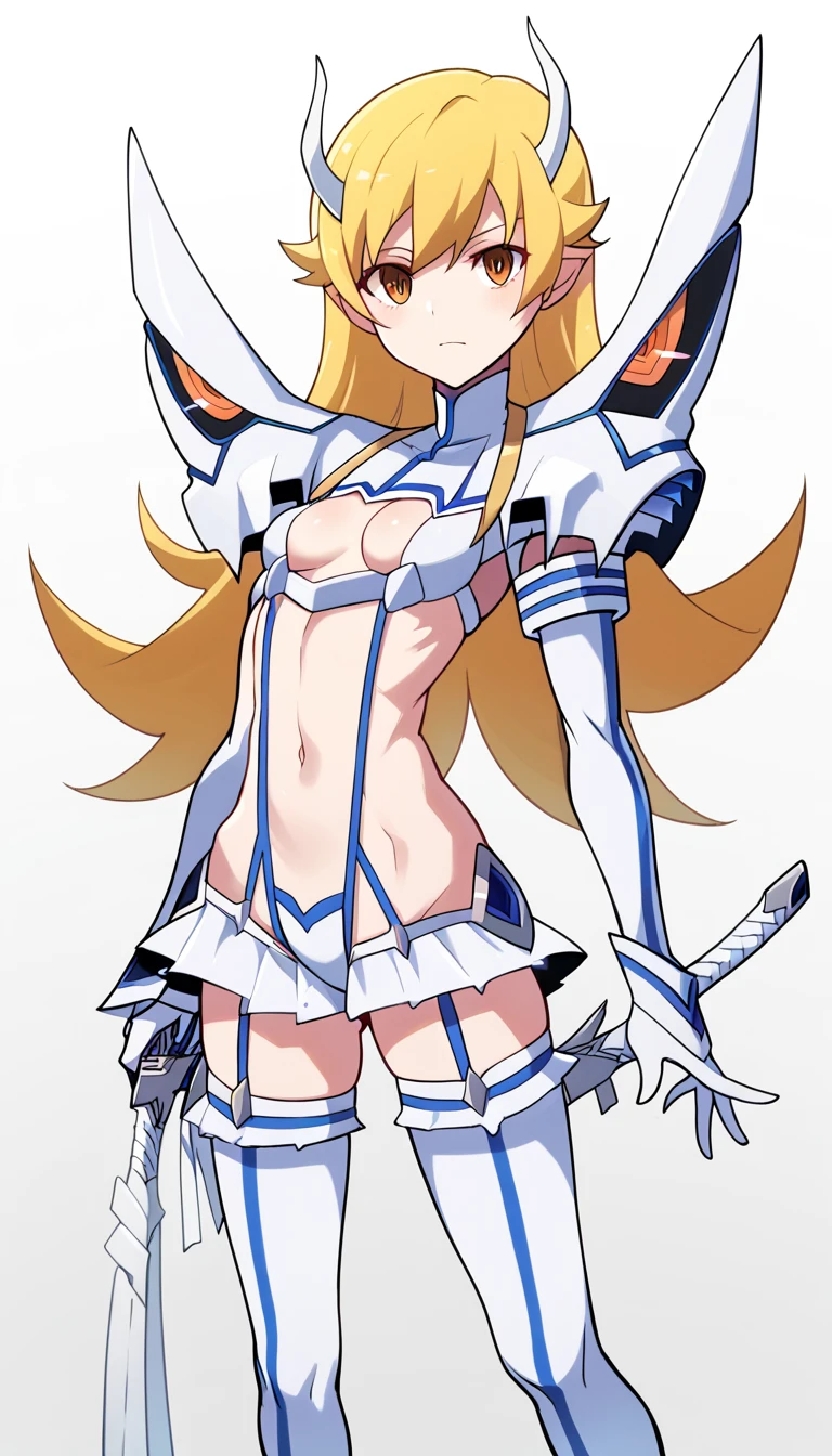 Shinobu Oshino, small breasts satsukikiryuuincosplay, kiryuuin satsuki \(cosplay\), armor, center opening, cleavage cutout, clothing cutout, elbow gloves, garter straps, gloves, horn ornament, living clothes, microskirt, navel, midriff, pauldrons, revealing clothes, shoulder armor, stomach, thighhighs, white gloves, white thighhighs,