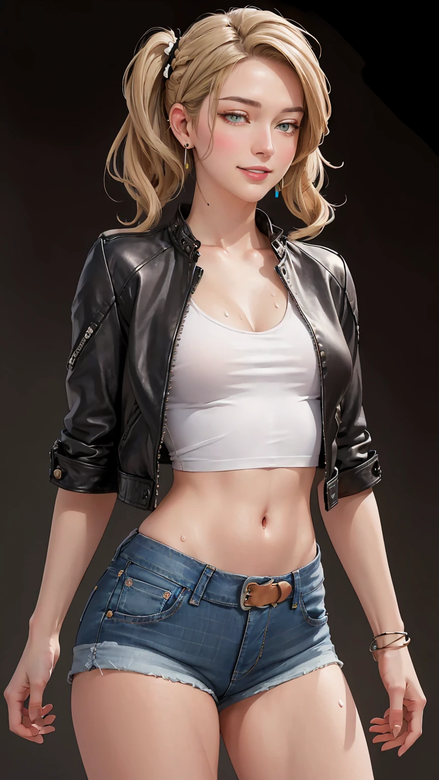 Gwen Stacey with short blonde hair and large boobs, wearing a leather jacket and jeans