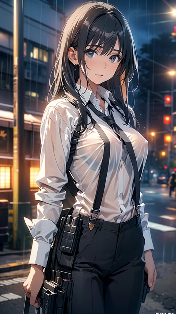 Woman in a suit, belt, Hands on back,  sweaty, suspenders,  black pants , Sexy, Large Breasts, see-through clothing, rain, Detective, Office Workers,  white button up shirt, (Best Quality,4K,8k, High Resolution ,masterpiece:1.2),Ultra-detailed,(Realistic,photoRealistic,photo-Realistic:1.37),Hyper Details,Highly detailed face and body, slender　thin　suspenders　Medium Breast　See-through shirt　Nipples　　Lock　pistol　Armament　Criminal　Female Criminal　knife　Japanese　 Profile　Japanese women　Arrest Handcuffs　belt rain　See-through　holster　 leg links　Armament　
