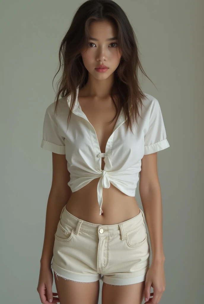 ponytail、(((Open Stance)))、 ((White lace T-shirt)), Gazing at the audience、((White shorts))、((Sexy young woman&#39;s body:1.4)),Low - Angle、
