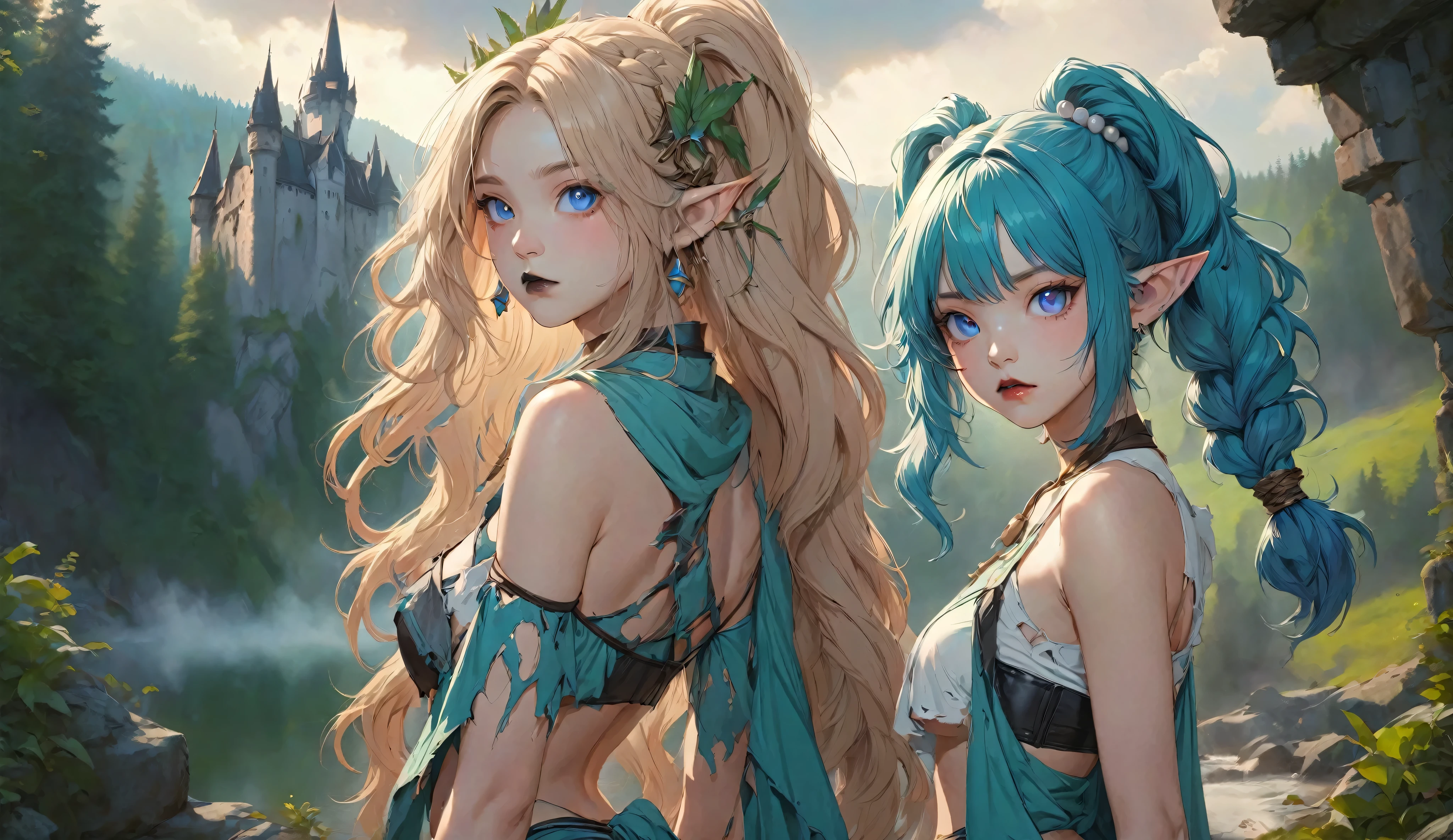 masterpiece, newest, absurdres, masterpiece, highly detailed, beautiful anime, lineart, realistic anime, semi realistic, extremely cute, ((very aesthetic, best quality, ultra detailed)), (perfect face, cute face, like face), fantasy background, extreme colors, Bavarian forest, mountainside, river, castle ruins, intricate details, colorful, ((dramatic lighting)), fantasy, young, girl, ((looking at viewer)), perfect face, ((torn clothes)), twinbraids, blonde, , elf girl, ponytail, sidelocks, pointy ears, sleeveless shirt, green thighhighs, black lips, mascara, Long eyelashes, dark elf, very long hair, multicolored hair, parody, braid, outdoors, messy hair, gradient hair, sleeveless, blue hair, twintails, hair ornament, looking back, bikini top only, tribal, loincloth, torn clothes, beads, hair beads, blue eyes, long hair, blonde hair