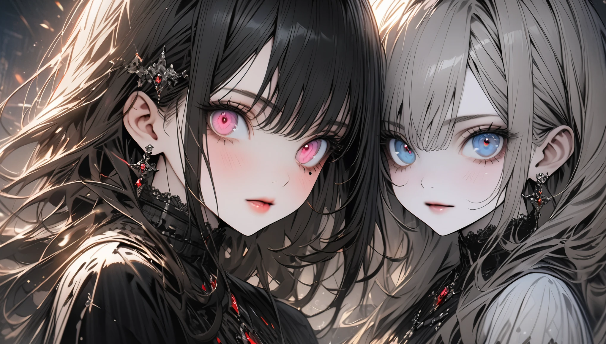 tmasterpiece,Close-up of a woman with blood red eyes,grinning smile,Red and black gradient hair,Confused pupils,style of junji ito,Morbid style,Shy,Stitch marks on the face,Black and white clothes,with red and black background,Highest image quality,fearsome,8K