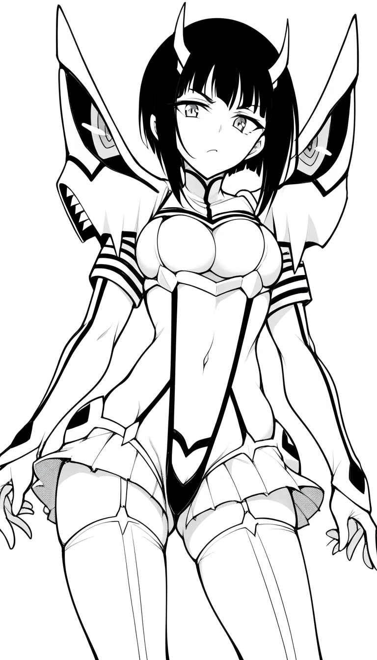 miyabi senpai, short hair, bangs, monochrome, greyscale, medium breasts satsukikiryuuincosplay, kiryuuin satsuki \(cosplay\), armor, center opening, cleavage cutout, clothing cutout, elbow gloves, garter straps, gloves, horn ornament, living clothes, microskirt, navel, midriff, pauldrons, revealing clothes, shoulder armor, stomach, thighhighs, white gloves, white thighhighs,