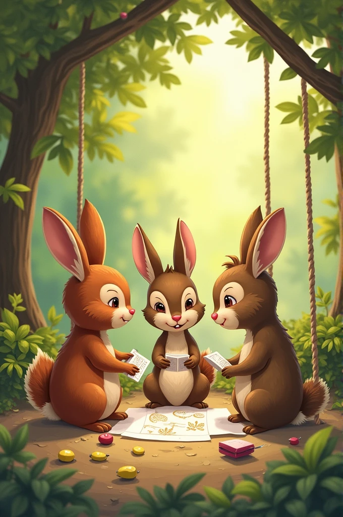 Prompt: Chiku and a group of small animal friends, including a rabbit ...