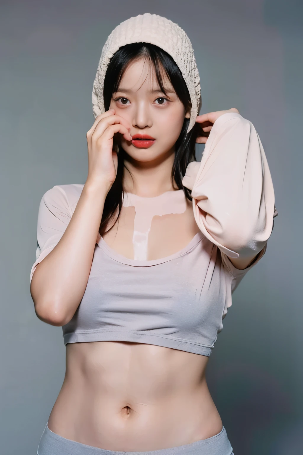 (colored picture), Photo realistic of beautiful asian、nsfw, best quality, masterpiece, ultra high res, (photorealistic:1.3), 8K, raw photo, 1girl, SMALL breast, whole body wet with oil, sweating,,, slender abs, (Highlight Haircutreast A Cup:1.2), small breast, round shape breast, perfect shape breast,(( )),((She is pulling her loose T-shirt over her head, )), ((panties)), As she confidently posing for camera, , studio light, gray background, full body