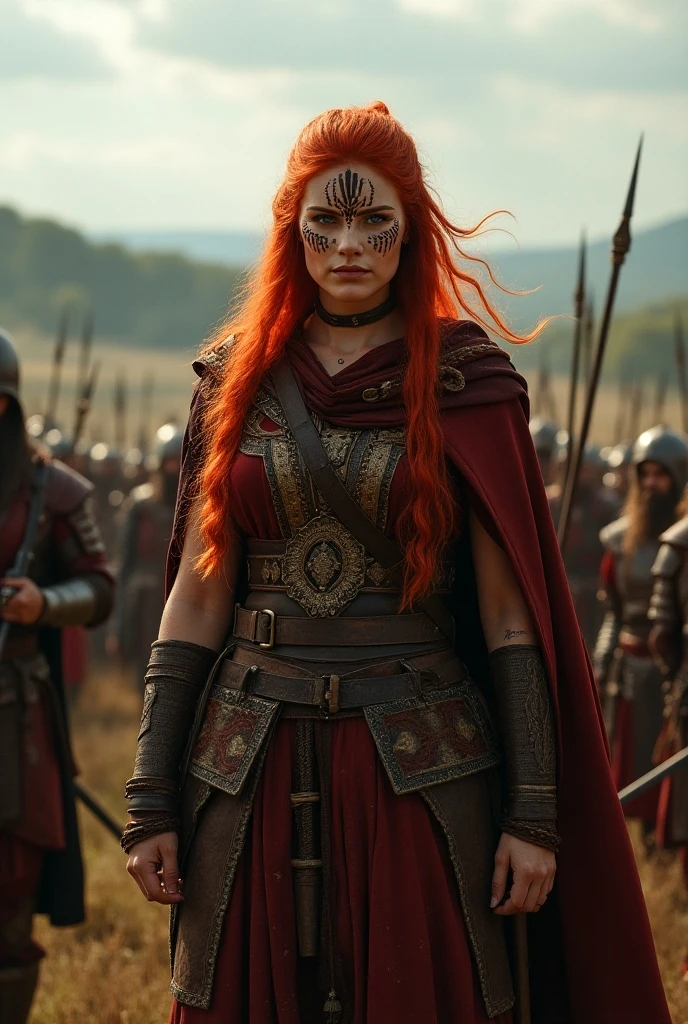 Create an ultra-realistic image depicting Boudica, the fierce queen of the Iceni, and her defeated army after their final stand against the Roman Empire. Boudica is shown in the aftermath of battle, her once powerful and commanding presence now shadowed by sorrow and exhaustion. Her fiery red hair is tangled and matted with sweat and dirt, and her piercing green eyes are filled with a mix of defiance and despair.
Her face, though marked by battle, retains its fierce determination, but now also shows the weight of her loss. She wears her traditional Celtic warrior attire, now torn and bloodied, with her once majestic cloak draped limply over her shoulders. Her small waist and strong, athletic build are still evident, but she stands slightly slouched, reflecting the toll of the battle.
Around her, the remnants of her army lie scattered on the battlefield, surrounded by the desolate and bleak landscape of ancient Britain. The sky is dark and stormy, mirroring the tragic outcome of the battle. Despite the defeat, Boudica remains a symbol of resistance and strength, her figure standing tall amidst the ruins of her people’s final stand