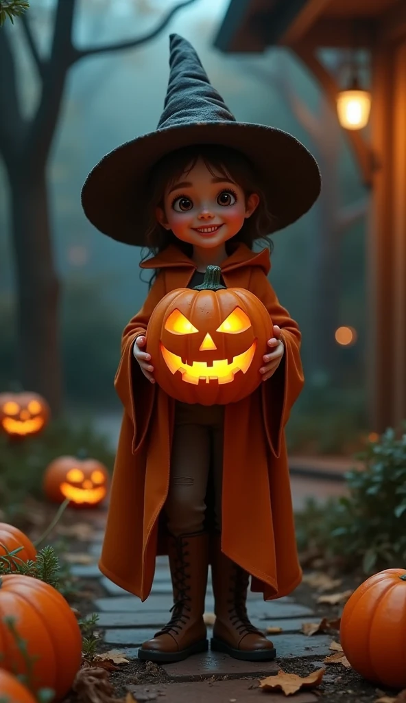 (Best Quality、masterpiece、 High Resolution )、(((Ultra-realism、Realistic photos、RAW Photos)))、jack o' lantern and girl、Witch Cosplay、smile:0.2、 trick or treat、