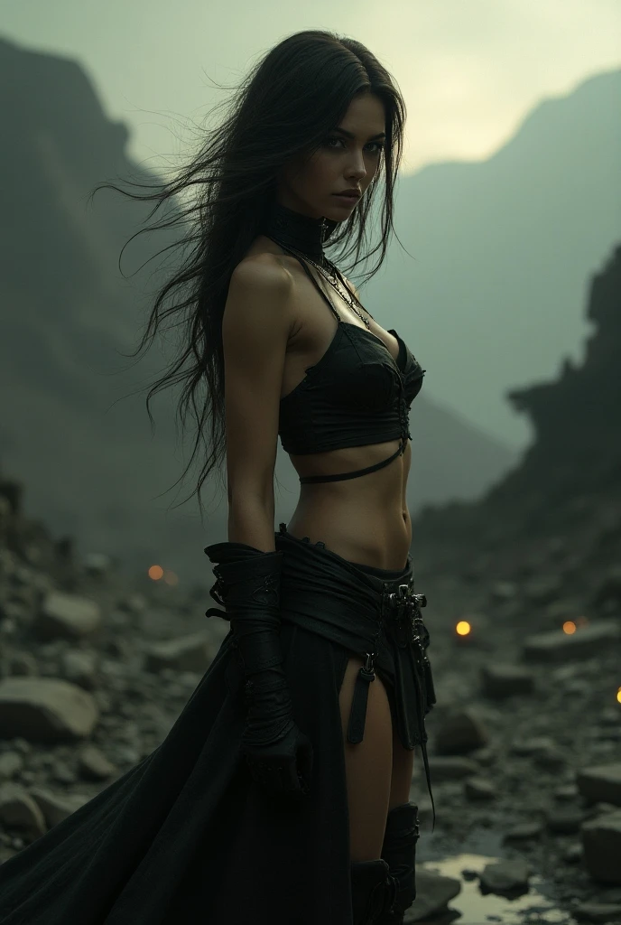 full body dteampunk fantasy image medieval aztec goddess long black hair blue eyes white skin tall graceful long legs background pipes, gears, smoke, steam, 3D, elaborate apro details, dusk, foreboding, gloomy, futuristic